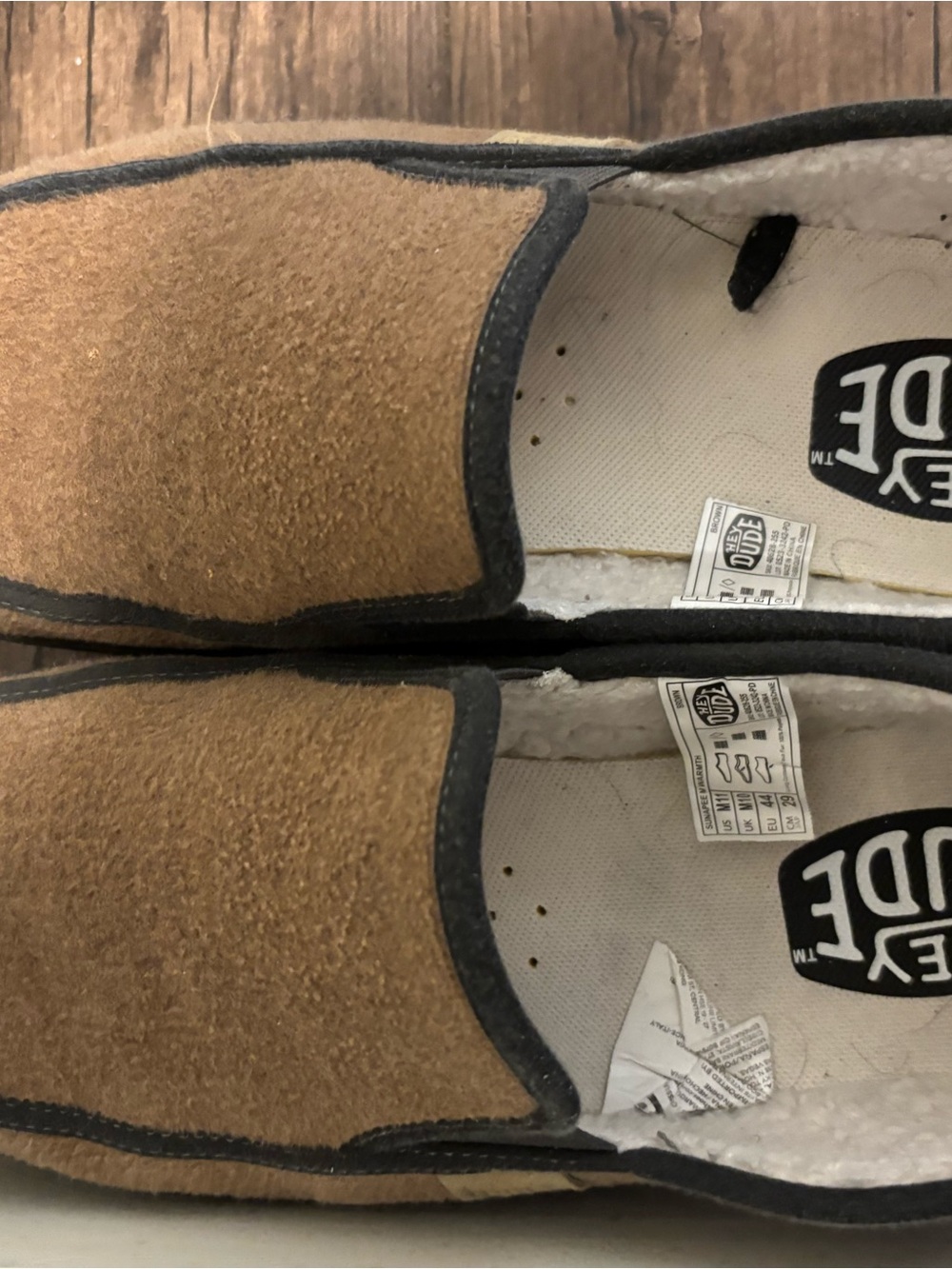 Hey Dude Tan Suede Slip-On Loafers with Black Trim